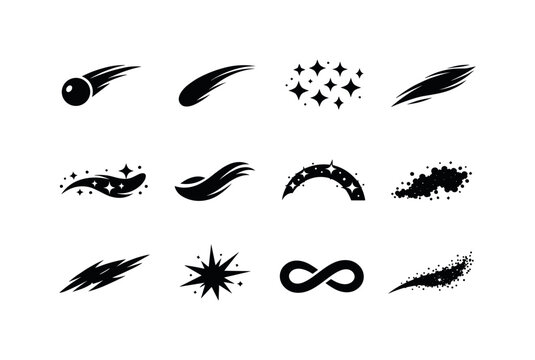Astral Icon Set. Astral Trail. Solid icon set of Astral Trail: astral comet, glowing tail sweep, star particles, ether streak, space shimmer, celestial ribbon,