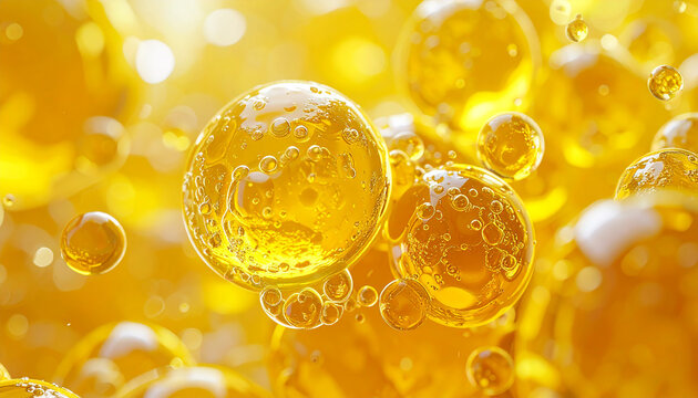 Yellow adipose cells under microscope, intricate cell membranes, fluid droplets, medical and biological