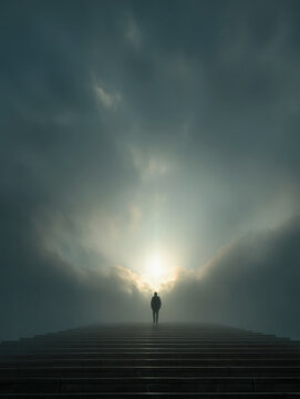 A solitary figure standing at the top of wide steps beneath a dramatic sky illuminated by radiant sunlight breaking through dense clouds
