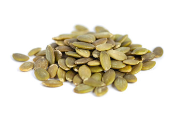 Pumpkin seeds isolated on white background. food