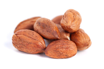 Hazelnuts kernels on a white background, healthy food. Macro