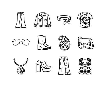 '70s Fashion Icons. '70s Fashion Icons. Line icon set of '70s Fashion Icons: flared jeans, fringe jacket, headband, tie-dye shirt, aviator glasses, leather