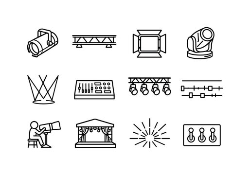 Event Lighting Icons. Stage and event lighting. Line icon set of Stage and event lighting: stage spotlight, lighting truss, color gel frame, moving head light,