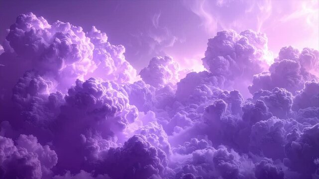 An ethereal vista showcases voluminous, violet clouds bathed in light