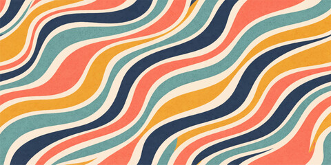 Colorful abstract seamless pattern with retro striped waves and bright rainbow curves creates a stylish vector backdrop for textile design and wallpaper decoration © Md