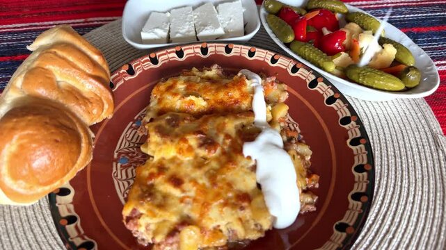 Putting Bulgarian Yoghurt Over Traditional Moussaka with Pita Pitka Bread, White Cheese and Fermented Pickles