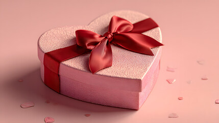 Obraz premium Heart-shaped gift box with red ribbon on pink background, valentines day celebration, love gesture, romantic gift, february 14 surprise, sweet affection, thoughtful present, celebration of love