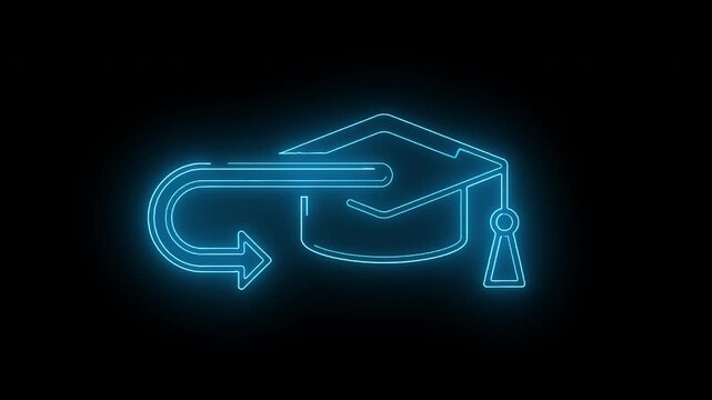 Neon-lit illustration of a graduation cap with a glowing blue outline and tassel on a black background with a circular arrow.
