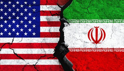 Cracked flags of the United States and Iran side by side, symbolizing geopolitical tension and conflict.