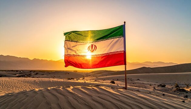 Iranian flag in desert at sunset, symbolizing national pride and cultural heritage.