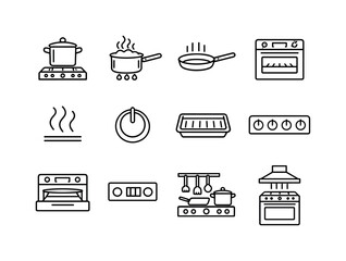 Cooking Stove Icons. Cooking Stove Icons. Line icon set of Cooking Stove Icons: stove with pot, saucepan boiling, frying pan, oven window, heat rising lines,