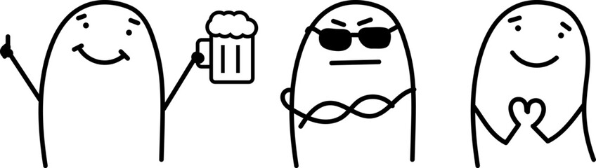 Simple comic doodle characters in three situations: drinking beer, angry crossed arms and heart gesture © wesleyyaya