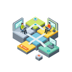 Obraz premium Isometric illustration of remote workers collaborating on projects using laptops and digital devices.