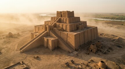 Ancient ziggurat structure reminiscent of the Tower of Babel in a dusty landscape with a river in the background. Biblical history concept.