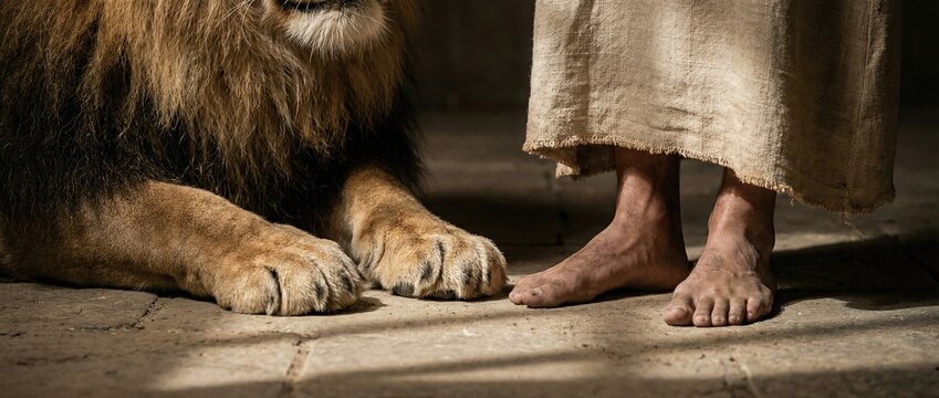 Man stands near a lion in a dungeon, referencing the Biblical story of Daniel in the lions den, concept of faith, courage and divine protection Banner with copy space
