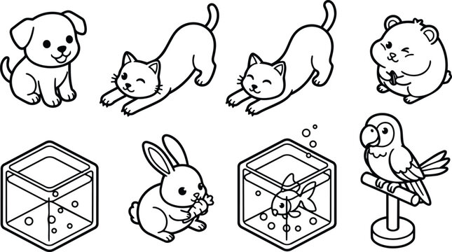 Line art vector set of cute pets puppy stretching cats hamster rabbit goldfish in tank bird on perch simple outline icons for kids playful smiling friendly