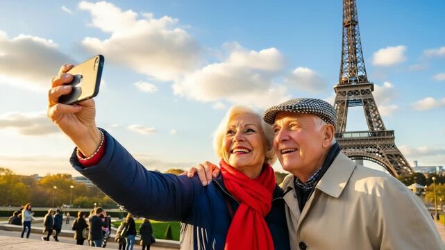 Happy senior caucasian couple taking a selfie on their vacation in paris, france. Elderly man and woman enjoying retirement travel with the eiffel tower in the background