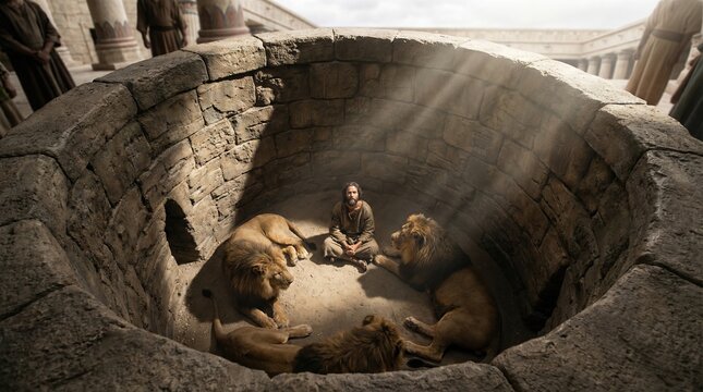 Man, Daniel, sitting with lions in a den. Old Testament Christian religious story of faith and divine protection. Dramatic biblical scene.