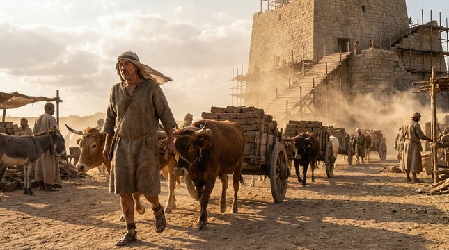 Man leading a bullock cart loaded with bricks for the Tower of Babel. Ancient construction of the biblical ziggurat. Depiction of historical period.