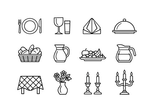 Brunch Icons Grid. Brunch Table Setting. Line icon set of Brunch Table Setting: plates, fork and knife, glassware, napkin fold, serving tray, bread basket,