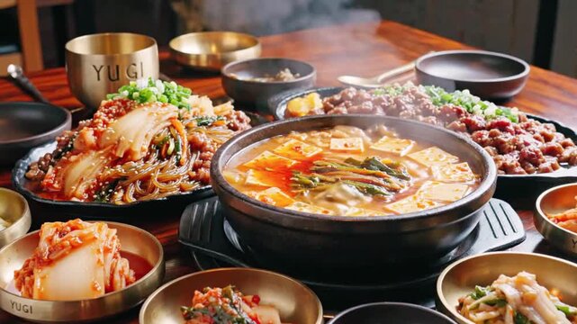 Steaming hot traditional Korean stew centerpiece surrounded by various delicious side dishes and savory seasoned meats on a wooden table setting