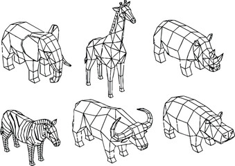 Fototapeta premium Low poly line art top view six african animals elephant giraffe rhinoceros zebra buffalo hippopotamus arranged on white background side angle vector illustration wire frame minimal
