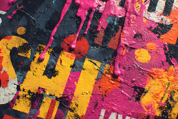 Fototapeta premium Abstract urban graffiti - neon pink, yellow, black on textured wall. 90s street style, fluorescent colors, dripping effect, layered tags. Background, texture, creative banner, modern 2000s, y2k visual