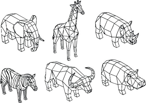 Low poly line art top view six african animals elephant giraffe rhinoceros zebra buffalo hippopotamus arranged on white background side angle vector illustration wire frame minimal