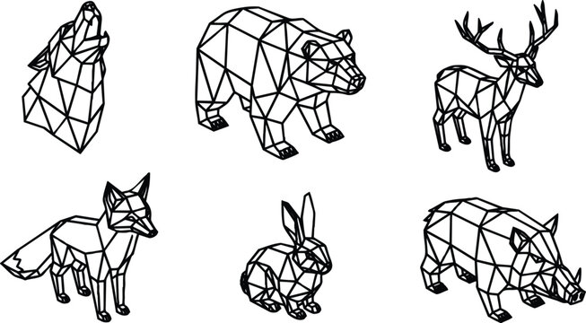 Low poly line art collection of howling wolf head standing bear stag fox rabbit and wild boar geometric wireframe animal set side view front scalable vector