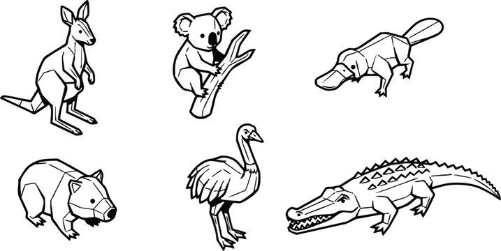 Line art geometric vector set showing six australian animals including kangaroo koala platypus wombat emu and crocodile side view simple black outline minimal style isolated icons