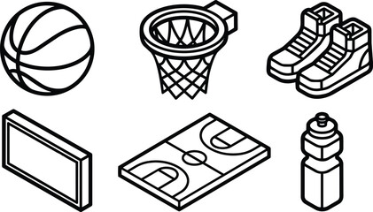 Fototapeta premium Isometric line art basketball equipment icons basketball hoop net ball court sneakers water bottle scoreboard panel set in minimal vector outline style clean sports illustration flat
