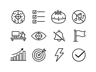 Obraz premium Focus Icon Set. Focus and productivity. Line icon set of Focus and productivity: focused brain, task list, timer pomodoro, distraction block, desk workspace,