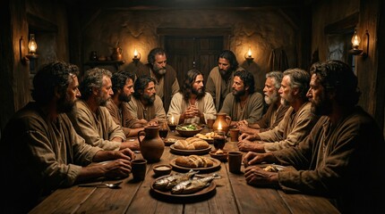Fototapeta premium Jesus Christ and male disciples at Last Supper. Biblical story of faithful men. Christian religious event for Easter holiday.