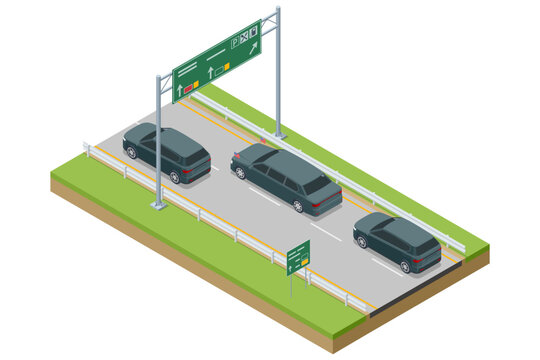 Isometric vector illustration of a presidential motorcade on a highway. Black limousine with flag escort by suv car under a road sign. Government transport, security convoy, and official travel