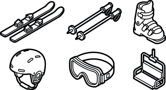 Line art isometric ski equipment icon set with skis poles boot helmet goggles chairlift isolated bold outline icons for winter sports gear and safety illustration vector