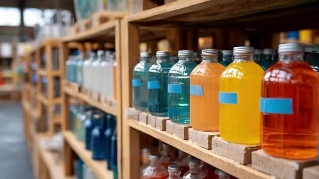 Refillable bulk bottles arranged on wooden shelves at a sustainable reagent packaging station highlighting reducedplastic consumable storage with soft focus surroundings.