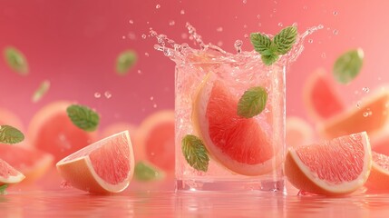 Sparkling citrus mocktail with grapefruit slices and mint leaves, vibrant pink scene for bar menu and branding