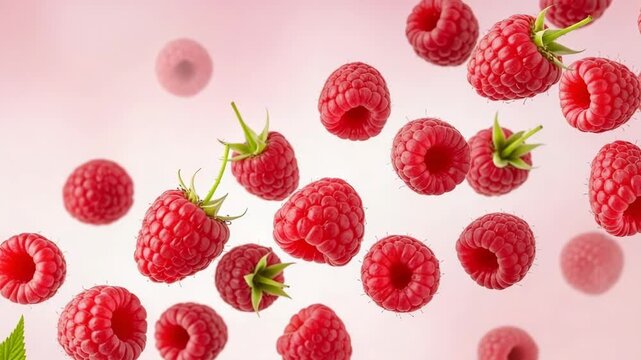 Fresh ripe raspberries falling in a dynamic motion against a soft pink background. Healthy organic berry concept for advertising or packaging design on a wide panoramic banner