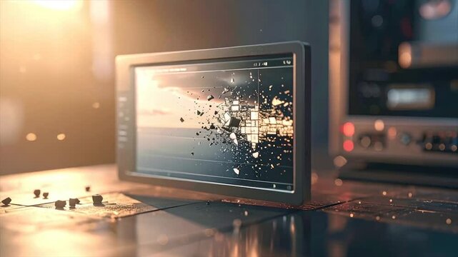 A screen displays a shattering image, possibly editing software, with warm lighting and a reflective surface