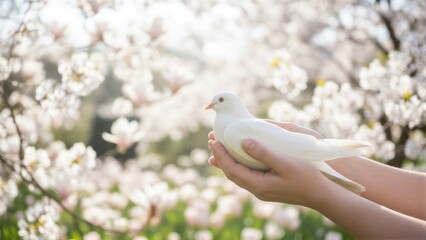 Woman holding white dove in hands, symbolizing Holy Spirit, peace, and love, with spring magnolia bloom background for Easter.