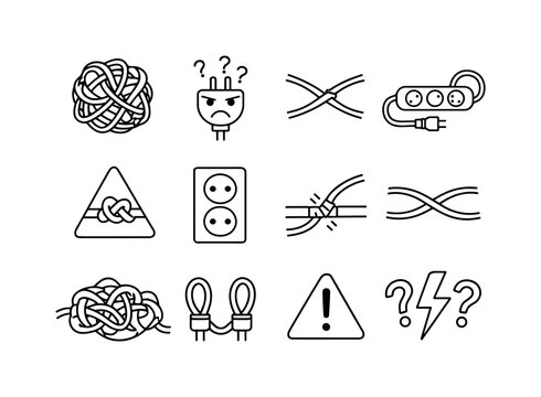Tangled Cords Icon Set. Cord Management Problem. Line icon set of Cord Management Problem: tangled cord ball, confused plug face, crossed cable paths, twisted