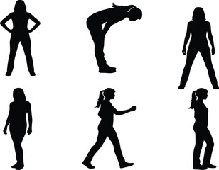 Vector silhouettes of woman in six poses standing walking bending profile and front view isolated figures for fitness posture design and infographic use
