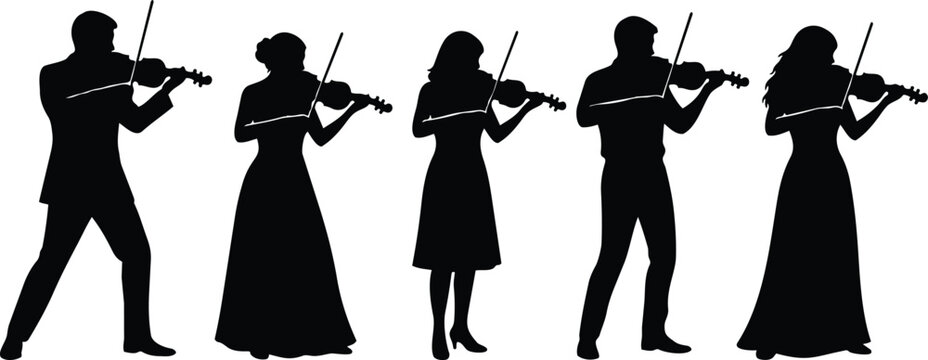 Silhouette vector group of five violinists playing in profile view wearing dresses and suits on stage with bows raised dynamic concert posture black and white minimalist