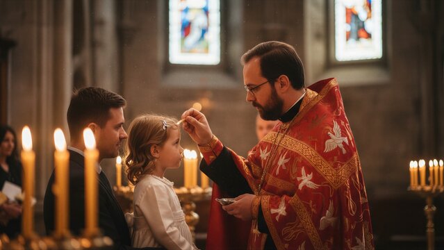 Priest anointing a young girl in a church during a Christian sacrament. Orthodox baptism ceremony for religious rites and Holy Spirit concept.