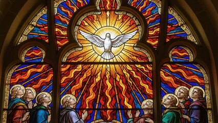 Stained glass window depicting men looking up at a dove, symbolizing the Holy Spirit descending with fiery tongues for Pentecost.