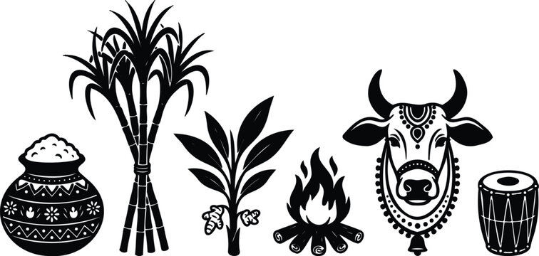 Pongal festival style vector silhouettes sugarcane decorated cow stove pot boiling rice harvest celebration traditional south indian rural scene ceremonial fire drum banana leaf offering ornamented