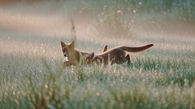 Two Young Foxes Playing in a Grassy Field at Dawn.