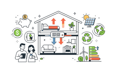 Naklejka premium Efficient Home Climate. Energy-efficient HVAC. A cutaway house showing balanced heating and cooling airflow, icons of savings and sustainability floating