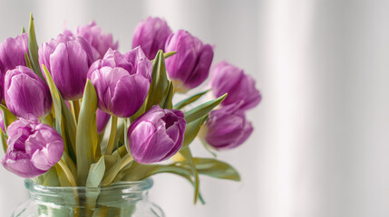 Fototapeta premium Fresh Purple Tulips in Glass Vase, Minimalist Style, Soft Lighting, Copy Space for Text, High-Res, Clean Look.