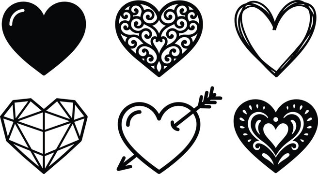 Line art vector heart icon set six hand drawn and geometric hearts two rows three columns black silhouette and outline variations with arrow and filigree details